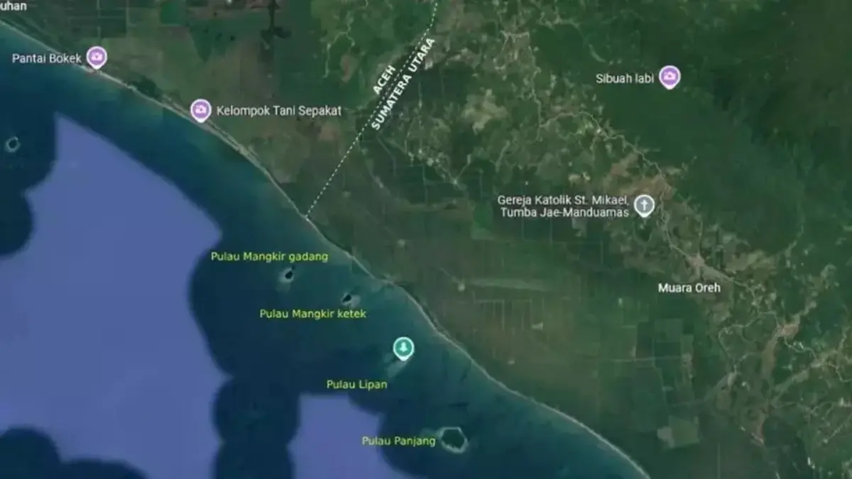 Tangkapan layar foto satelit posisi Pulau Mangkir Gadang, Pulau Mangkir Ketek, Pulau Lipan, dan Pulau Panjang