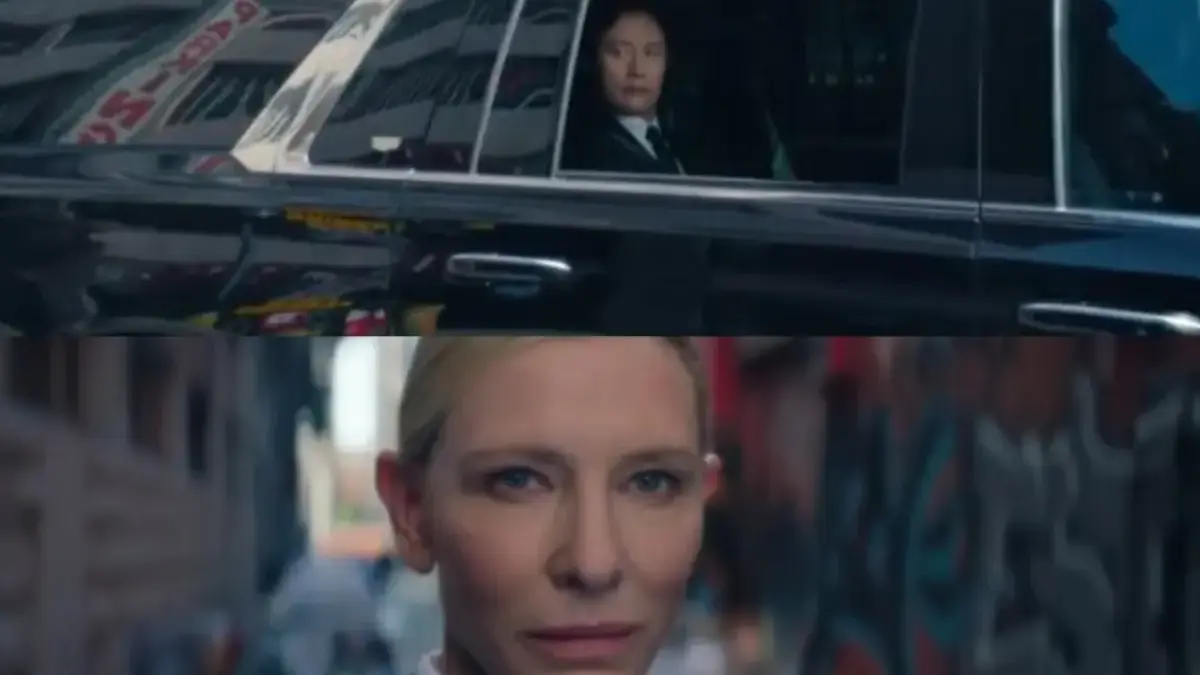 Kolase tangkapan layar: Cate tampil sebagai recruiter dan saling pandang dengan Front Man. (episode 6 Squid Ga
