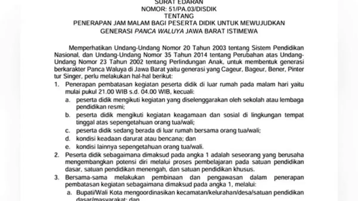 Surat Edaran Gubernur Jawa Barat Nomor 51/PA.03/Disdik