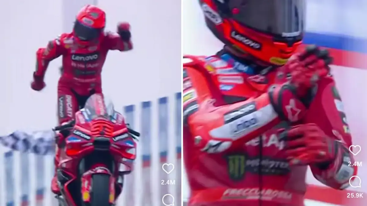 Tangkapan layar video Marc Marquez melakukan selebrasi \'aura farming\'.