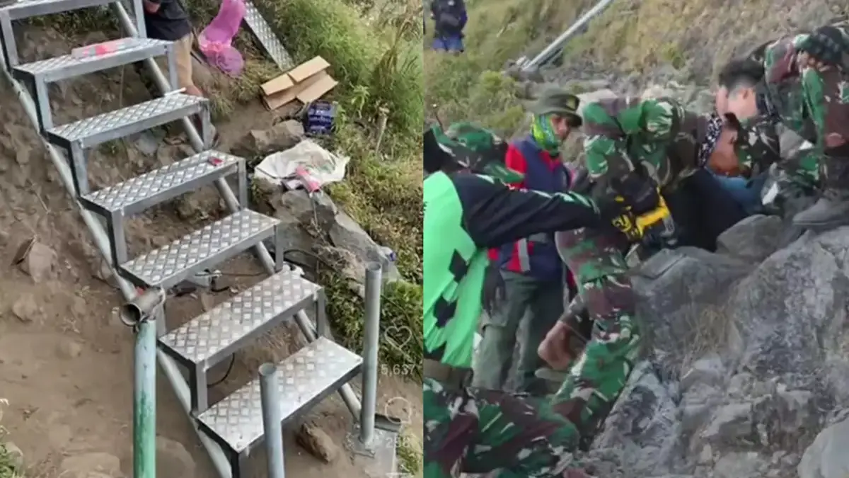 Pemasangan tangga di trek Gunung Rinjani