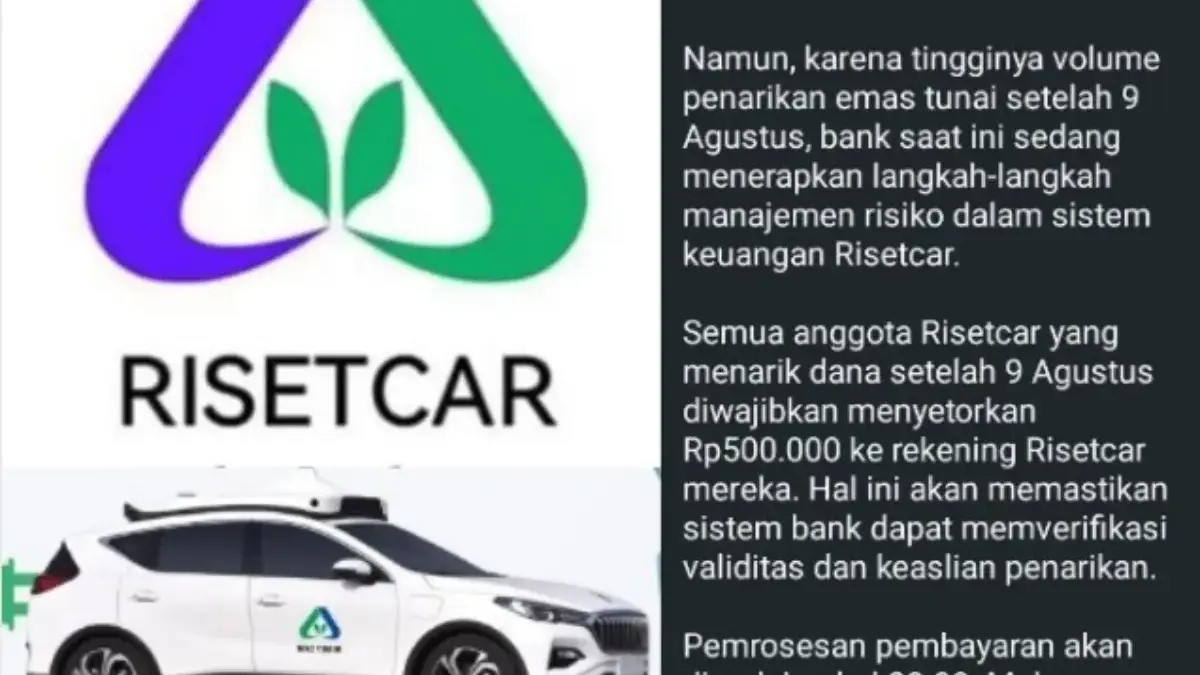 Pengumuman aplikasi Risetcar yang meminta biaya tambahan untuk verifikasi validitas akun membernya.