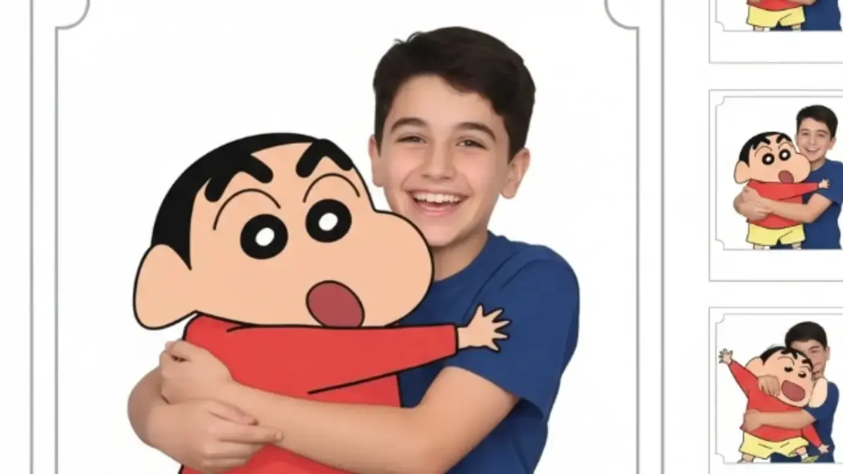 Ilustrasi edit foto bareng karakter Shinchan