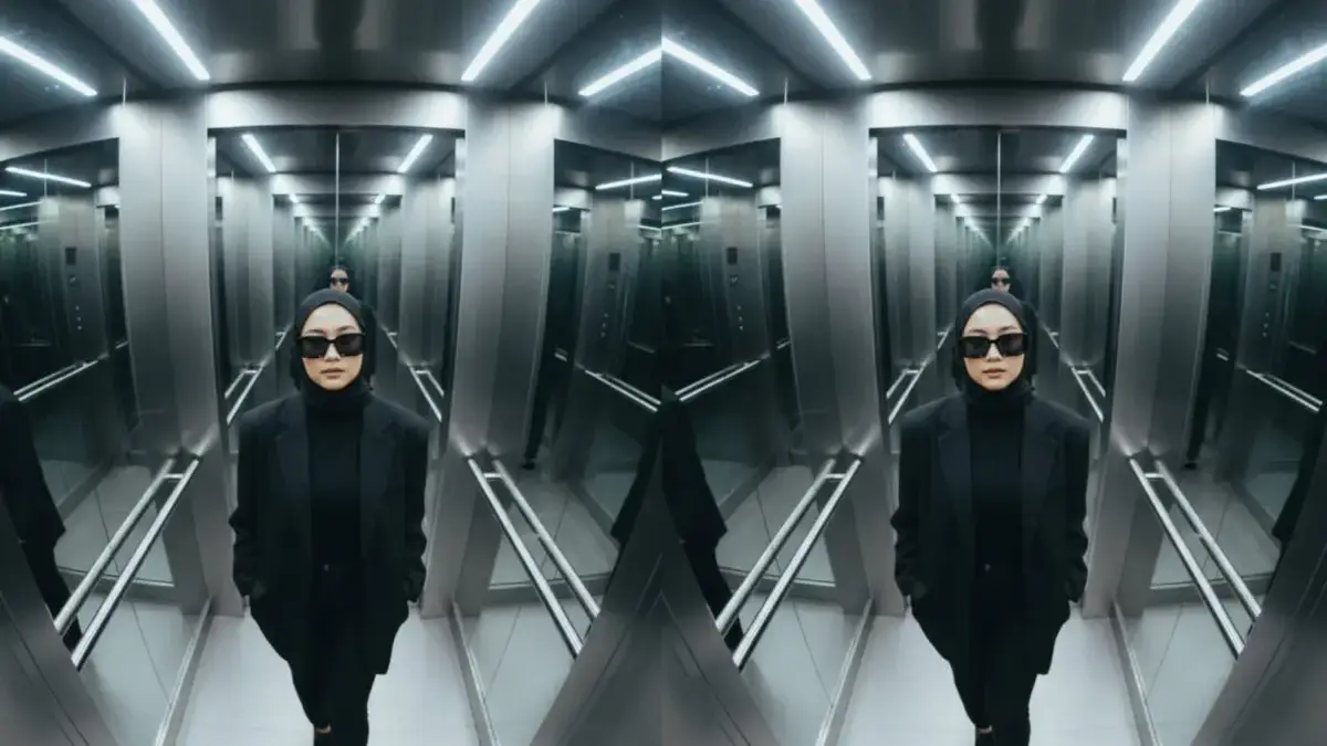 Prompt AI Untuk Foto Di Dalam Lift dengan Efek Ultrawide