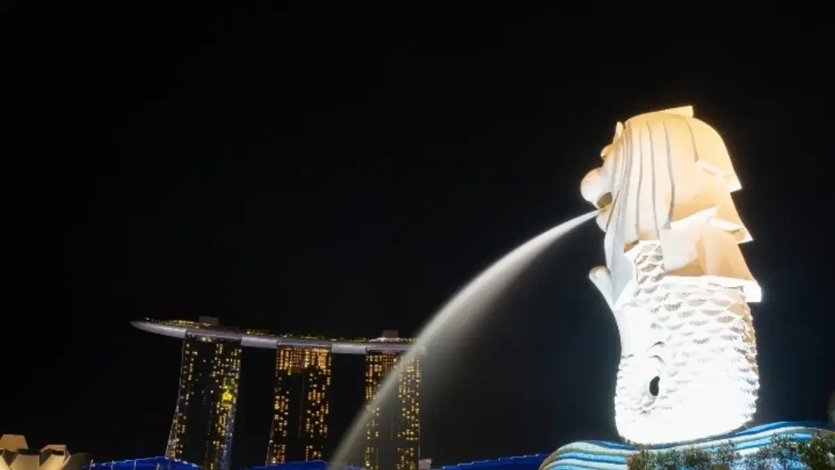 Potret patung Merlion Singapura di malam hari