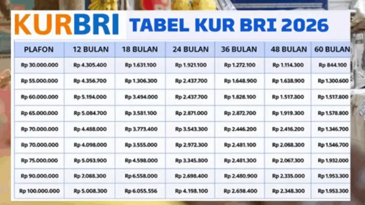 Tabel KUR BRI 2026 pinjaman Rp30 juta